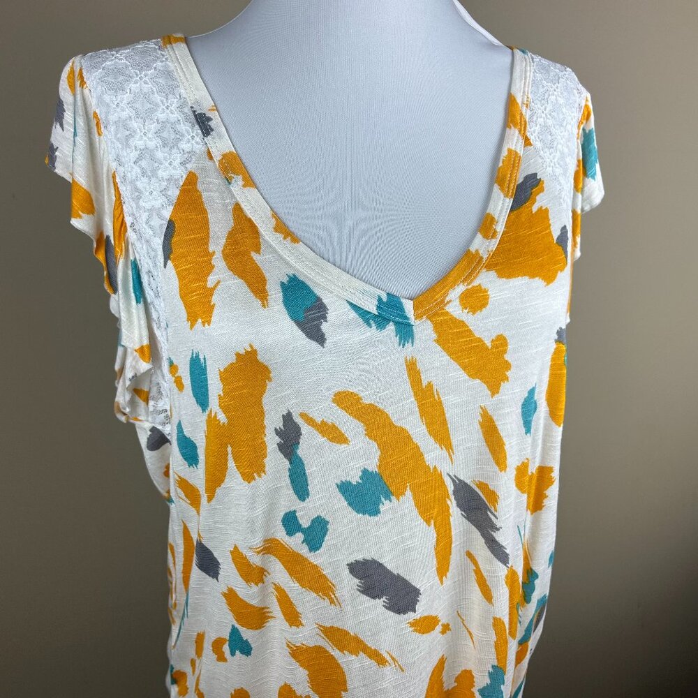 BIBI Elizabeth Kelly NWT Cap Sleeve Blouse Size L Orange Gray Teal, Abstract
